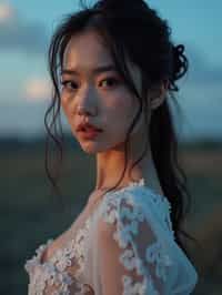 woman with enticing gaze, adorned with a delicate lace outfit  against a twilight backdrop