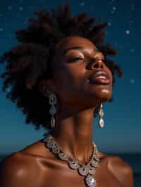 woman with magnetic appeal, adorned in sparkling jewelry , against a starry night backdrop