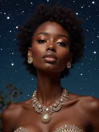 woman with magnetic appeal, adorned in sparkling jewelry , against a starry night backdrop