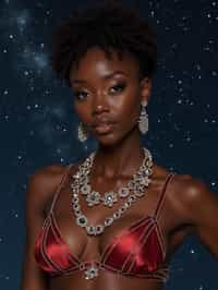 woman with magnetic appeal, adorned in sparkling jewelry , against a starry night backdrop