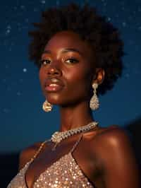 woman with magnetic appeal, adorned in sparkling jewelry , against a starry night backdrop