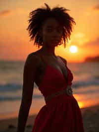 woman in sophisticated evening wear , radiating allure under the soft glow of a sunset