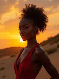 woman in sophisticated evening wear , radiating allure under the soft glow of a sunset