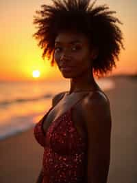 woman in sophisticated evening wear , radiating allure under the soft glow of a sunset