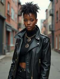 woman in daring, edgy ensemble  against an edgy urban backdrop