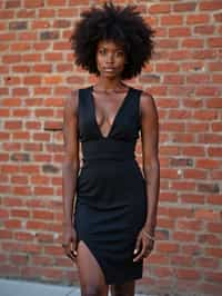 (full-body shot) of woman in bold, fitted dress  against a classic brick wall background