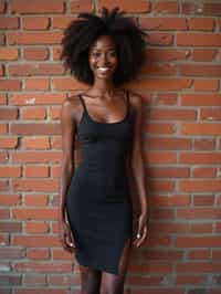 (full-body shot) of woman in bold, fitted dress  against a classic brick wall background