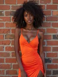 (full-body shot) of woman in bold, fitted dress  against a classic brick wall background