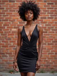 (full-body shot) of woman in bold, fitted dress  against a classic brick wall background