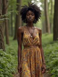 woman with enticing allure in flowy bohemian dress  in a serene forest setting