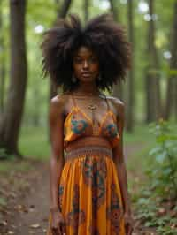 woman with enticing allure in flowy bohemian dress  in a serene forest setting