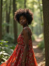 woman with enticing allure in flowy bohemian dress  in a serene forest setting