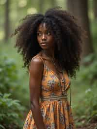 woman with enticing allure in flowy bohemian dress  in a serene forest setting