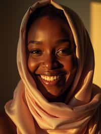 woman with a seductive smile, donned in a soft silk scarf , under warm indoor lighting