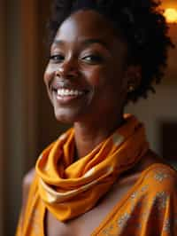 woman with a seductive smile, donned in a soft silk scarf , under warm indoor lighting