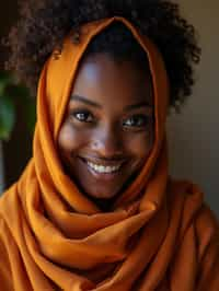 woman with a seductive smile, donned in a soft silk scarf , under warm indoor lighting