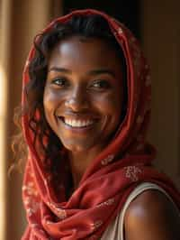 woman with a seductive smile, donned in a soft silk scarf , under warm indoor lighting