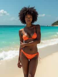 (full-body shot) of woman in a sultry beachwear ensemble , posed against a vibrant beach setting