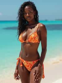 (full-body shot) of woman in a sultry beachwear ensemble , posed against a vibrant beach setting