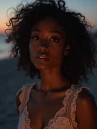 woman with enticing gaze, adorned with a delicate lace outfit  against a twilight backdrop