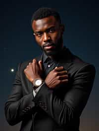 man with magnetic appeal, adorned in  luxurious cufflinks, against a starry night backdrop