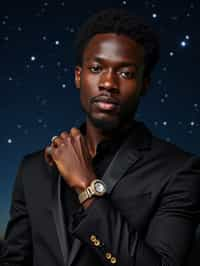 man with magnetic appeal, adorned in  luxurious cufflinks, against a starry night backdrop