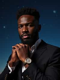 man with magnetic appeal, adorned in  luxurious cufflinks, against a starry night backdrop