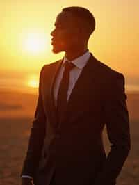 man in  dapper suit, radiating allure under the soft glow of a sunset