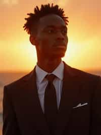 man in  dapper suit, radiating allure under the soft glow of a sunset