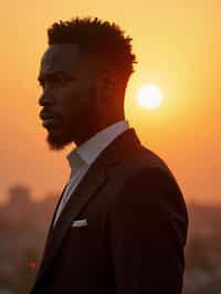 man in  dapper suit, radiating allure under the soft glow of a sunset