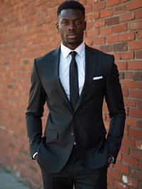 (full-body shot) of man in  sharp, tailored suit against a classic brick wall background