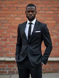 (full-body shot) of man in  sharp, tailored suit against a classic brick wall background