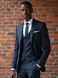 (full-body shot) of man in  sharp, tailored suit against a classic brick wall background