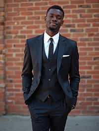 (full-body shot) of man in  sharp, tailored suit against a classic brick wall background