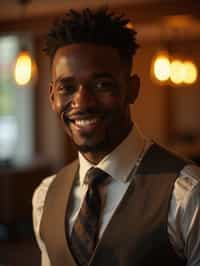 man with a seductive smile, donned in a  classy tie, under warm indoor lighting