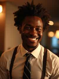 man with a seductive smile, donned in a  classy tie, under warm indoor lighting