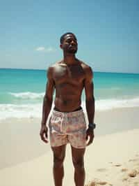 (full-body shot) of man in a  smart casual beach attire, posed against a vibrant beach setting