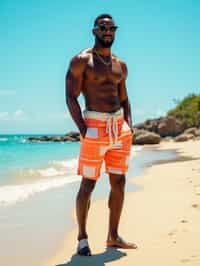 (full-body shot) of man in a  smart casual beach attire, posed against a vibrant beach setting