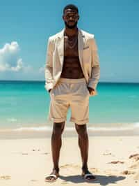 (full-body shot) of man in a  smart casual beach attire, posed against a vibrant beach setting