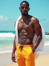 (full-body shot) of man in a  smart casual beach attire, posed against a vibrant beach setting