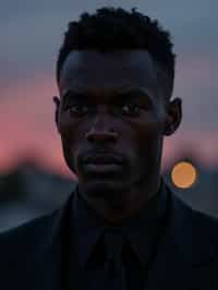 man with enticing gaze, adorned with  sharp, stylish suit against a twilight backdrop