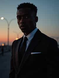 man with enticing gaze, adorned with  sharp, stylish suit against a twilight backdrop