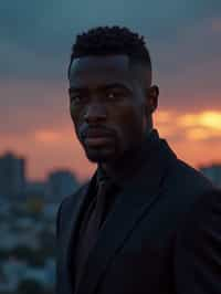 man with enticing gaze, adorned with  sharp, stylish suit against a twilight backdrop