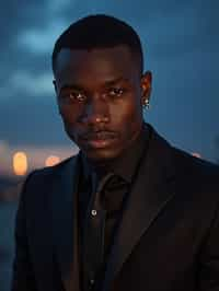 man with enticing gaze, adorned with  sharp, stylish suit against a twilight backdrop