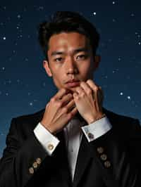 man with magnetic appeal, adorned in  luxurious cufflinks, against a starry night backdrop