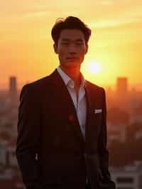 man in  dapper suit, radiating allure under the soft glow of a sunset