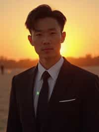 man in  dapper suit, radiating allure under the soft glow of a sunset