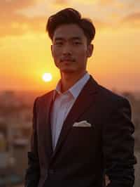 man in  dapper suit, radiating allure under the soft glow of a sunset