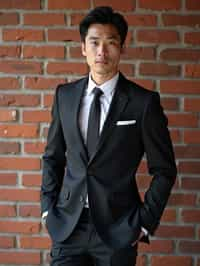 (full-body shot) of man in  sharp, tailored suit against a classic brick wall background