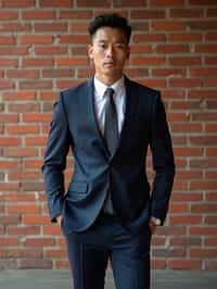 (full-body shot) of man in  sharp, tailored suit against a classic brick wall background